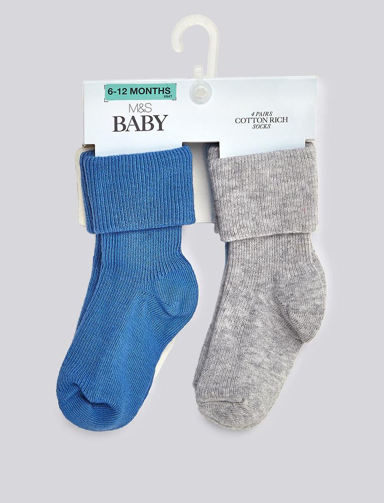 Çocuk Mavi 4'lü Pamuklu StaySoft™ Bebek Çorap Seti (0 - 24 Ay)