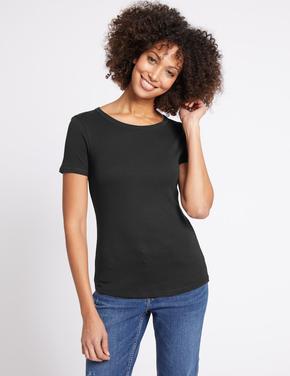 Kadın Siyah Saf Pamuklu Yuvarlak Yaka Kısa Kollu T-Shirt