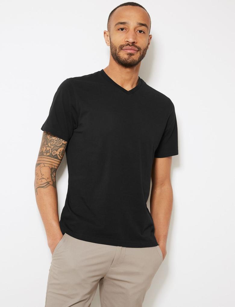  Siyah Saf Pamuklu V Yaka T-Shirt