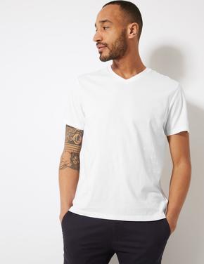 Erkek Beyaz Saf Pamuklu V Yaka T-Shirt