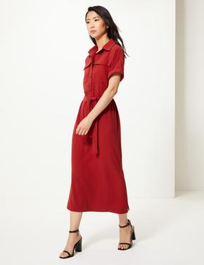 Kadın Kırmızı Kuşaklı Maxi Gömlek Elbise