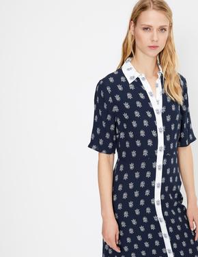 Kadın Lacivert Desenli Midi Gömlek Elbise