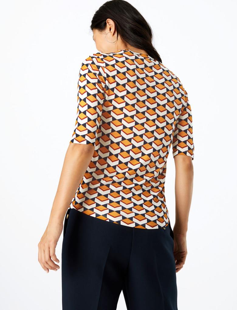 Kadın Krem Geometrik Desenli Yarım Kollu Bluz