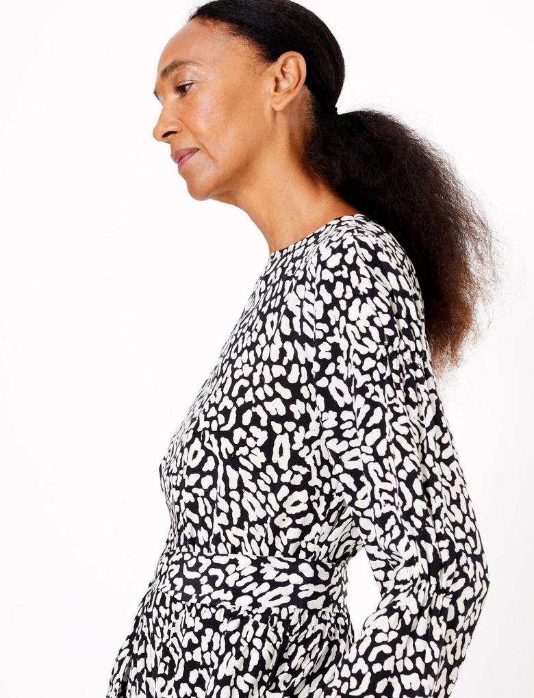 Kadın Siyah Desenli Kemerli Waisted Midi Elbise
