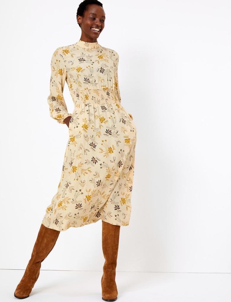 Kadın Krem Çiçek Desenli Dik Yakalı Midi Elbise
