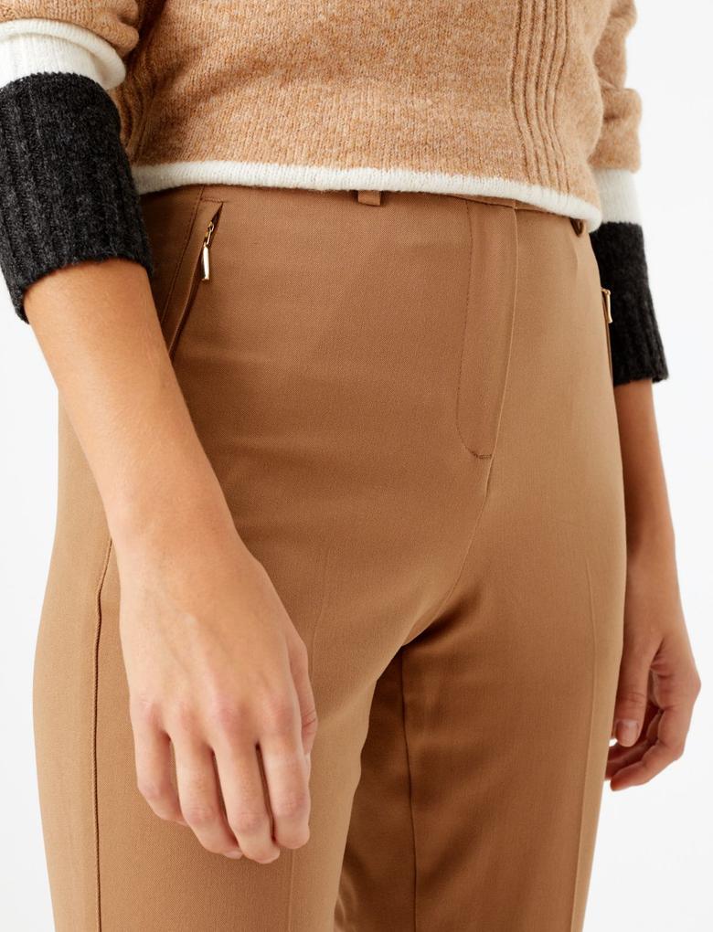 Kadın Kahverengi Straight Leg Fermuarlı Cep Detaylı Pantolon