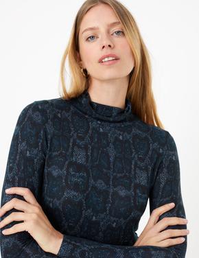 Kadın Lacivert Uzun Kollu Yılan Derisi Desenli Bluz