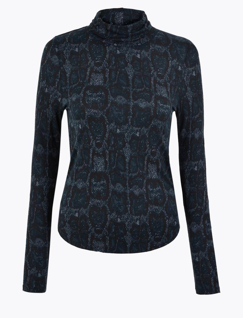 Kadın Lacivert Uzun Kollu Yılan Derisi Desenli Bluz