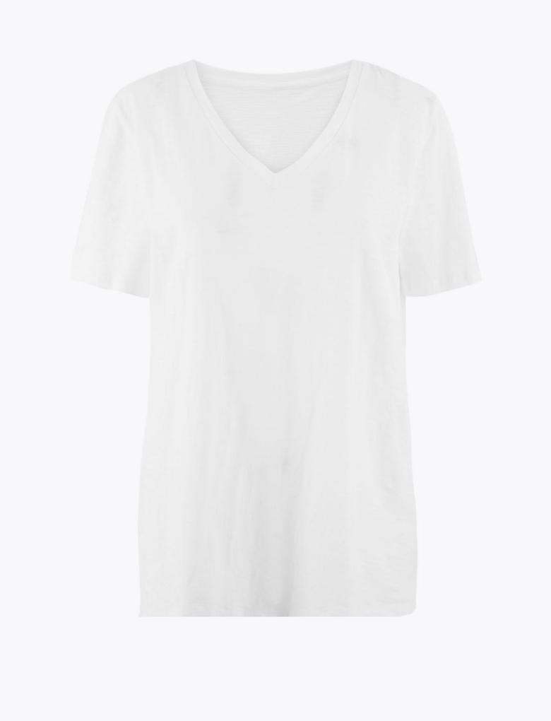 Kadın Beyaz Saf Pamuklu Yuvarlak Yaka T-Shirt