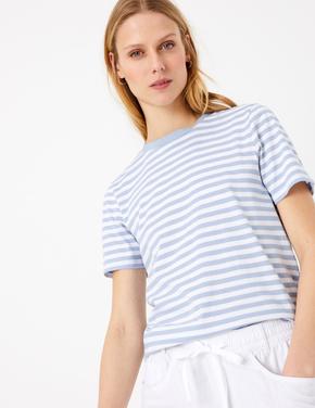 Kadın Mavi Çizgili Straight Fit T-Shirt