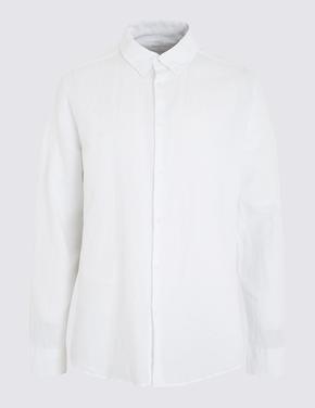 Erkek Beyaz Keten Karışımlı Kolay Ütülenebilir Gömlek