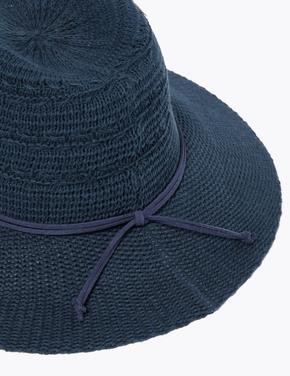 Kadın Lacivert Bağlama Detaylı Hasır Şapka
