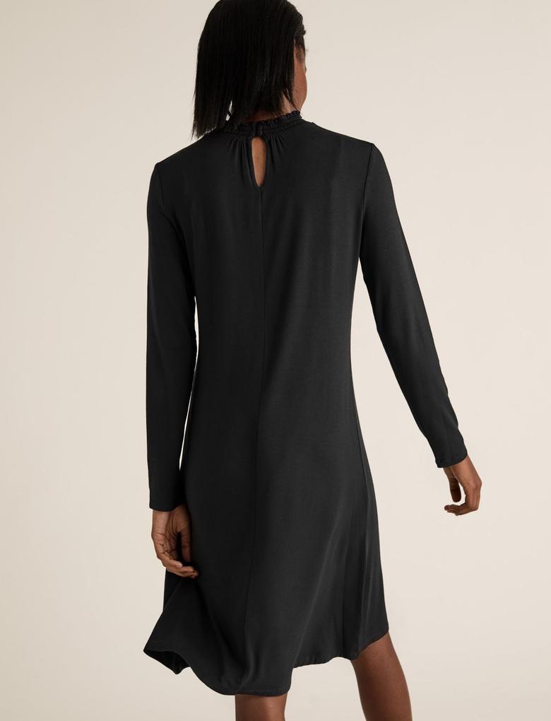 Kadın Siyah Uzun Kollu Jersey Swing Elbise