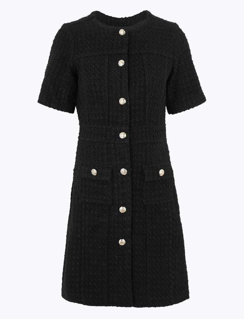 Kadın Siyah Tüvit Waisted Mini Elbise