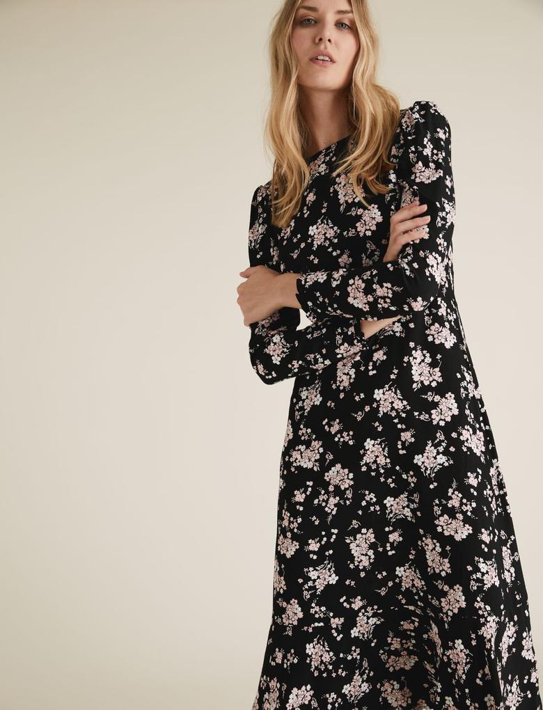 Kadın Siyah Çiçek Desenli Midi Elbise