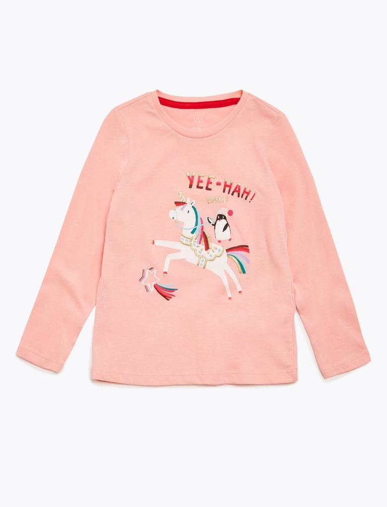 Kız Çocuk Pembe Saf Pamuklu Unicorn Desenli T-Shirt (2-7 Yaş)