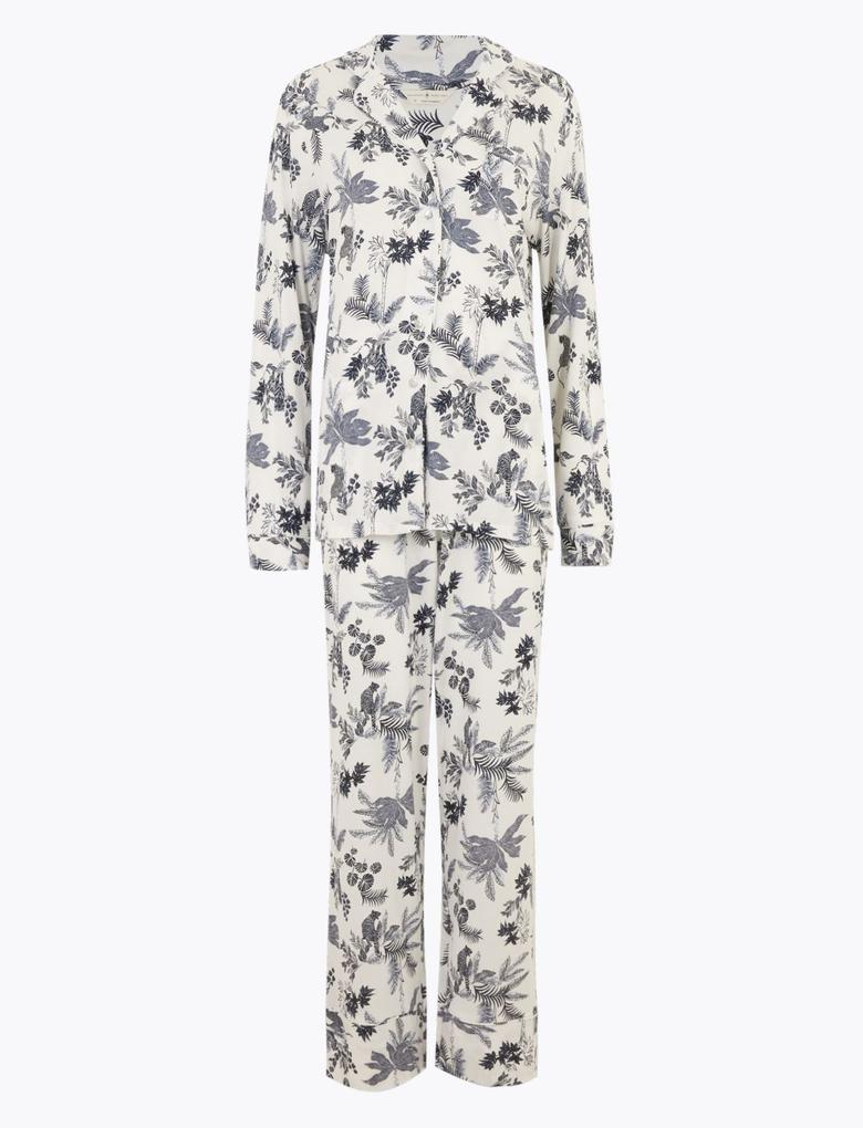 Kadın Beyaz Modal Karışımlı Desenli Pijama Takımı