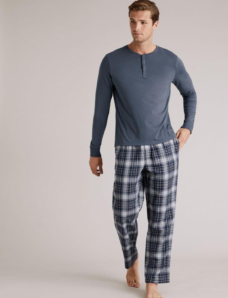 Erkek Mavi Premium Pamuklu Henley Pijama Üstü