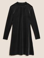 Kadın Siyah Uzun Kollu Kadife Mini Elbise