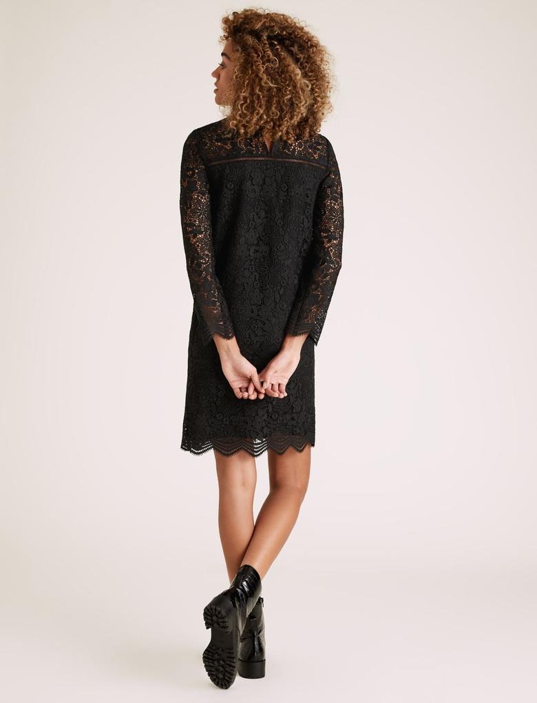 Kadın Siyah Dantel Detaylı Uzun Kollu Midi Elbise