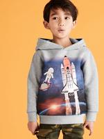 Erkek Çocuk Gri Roket Desenli Kapüşonlu Sweatshirt (2-7 Yaş)