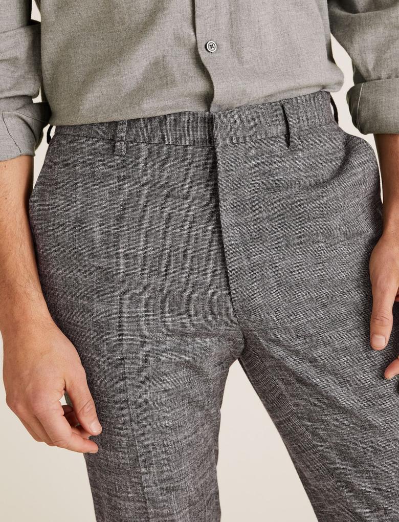 Erkek Gri Özel Dokulu Slim Fit Streç Pantolon