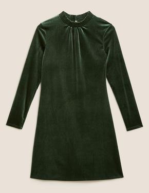 Kadın Yeşil Uzun Kollu Kadife Mini Elbise