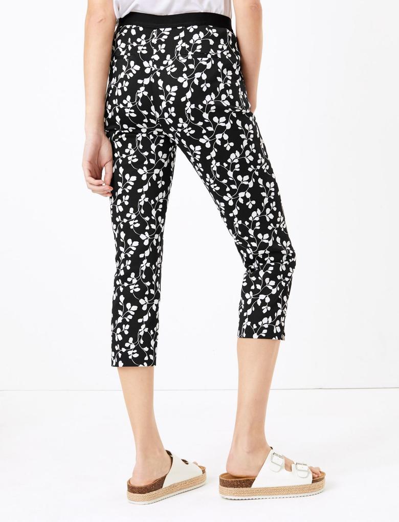 Kadın Siyah Slim Fit Çiçek Desenli Crop Pantolon