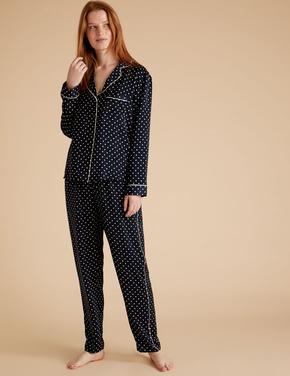 Kadın Lacivert Saten Puantiyeli Pijama Takımı