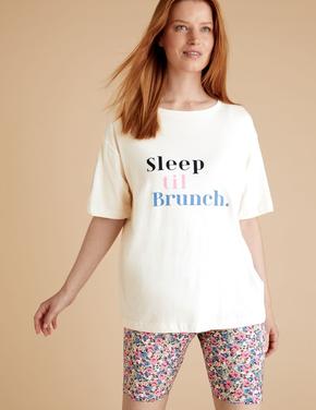 Kadın Pembe Sloganlı Şortlu Pijama Takımı
