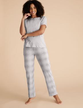 Kadın Gri Saf Pamuklu Ekose Pijama Takımı