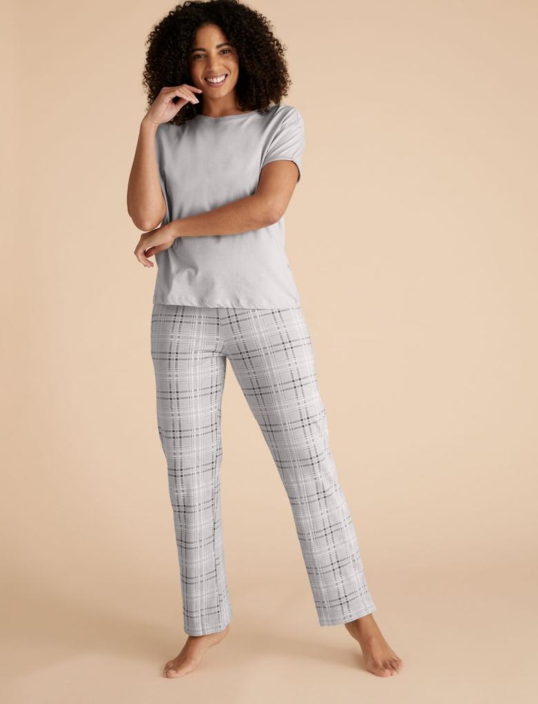 Kadın Gri Saf Pamuklu Ekose Pijama Takımı