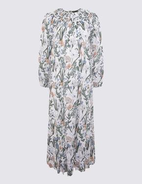 Kadın Krem Çiçek Desenli Maxi Elbise