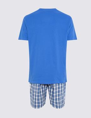 Erkek Mavi Saf Pamuklu Kareli Pijama Takımı