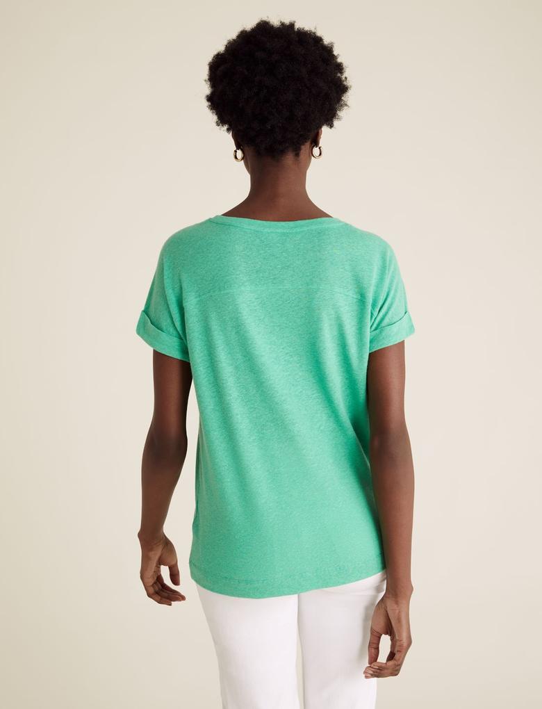 Kadın Yeşil Straight Fit Keten T-Shirt