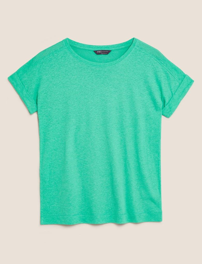 Kadın Yeşil Straight Fit Keten T-Shirt