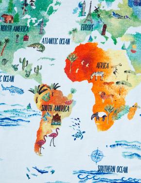 Ev Mavi Saf Pamuklu Dünya Haritası Desenli Havlu