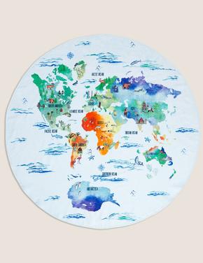 Ev Mavi Saf Pamuklu Dünya Haritası Desenli Havlu