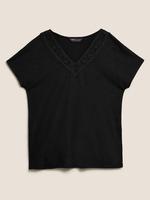 Kadın Siyah Dantel Detaylı Keten T-Shirt