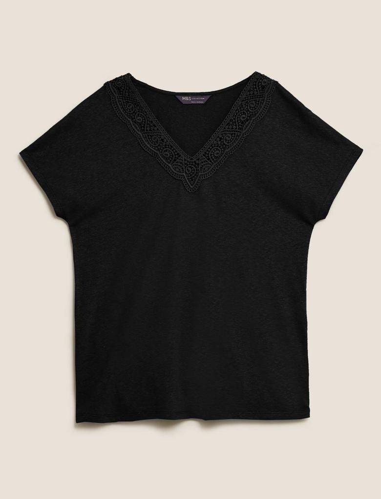 Kadın Siyah Dantel Detaylı Keten T-Shirt