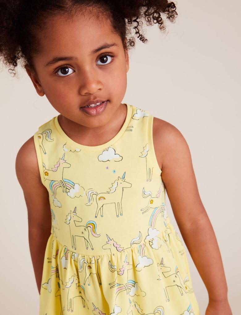 Kız Çocuk Sarı Organik Pamuklu Unicorn Desenli Elbise
