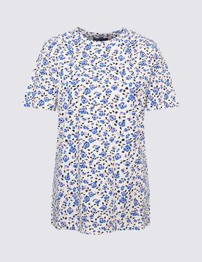 Kadın Mavi Kısa Kollu Çiçek Desenli T-Shirt