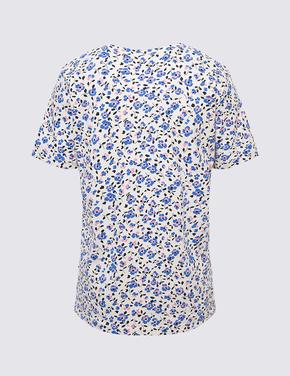 Kadın Mavi Kısa Kollu Çiçek Desenli T-Shirt