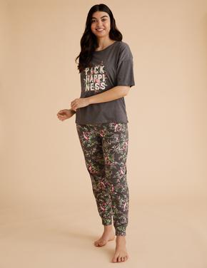 Kadın Gri Saf Pamuklu Slogan Pijama Takımı
