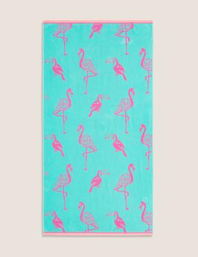 Ev Mavi Saf Pamuklu Flamingo Desenli Plaj Havlusu