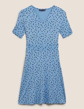 Kadın Mavi Jersey Puantiyeli V Yaka Mini Patenci Elbisesi