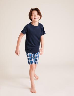 Çocuk Mavi 2'li Saf Pamuklu Şortlu Pijama Takımı