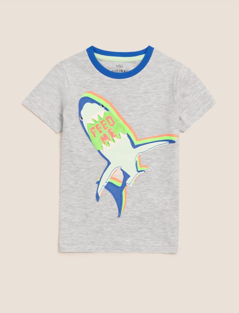 Erkek Çocuk Gri Köpekbalığı Desenli Çift Yönlü Pullu T-Shirt (2-7 Yaş)