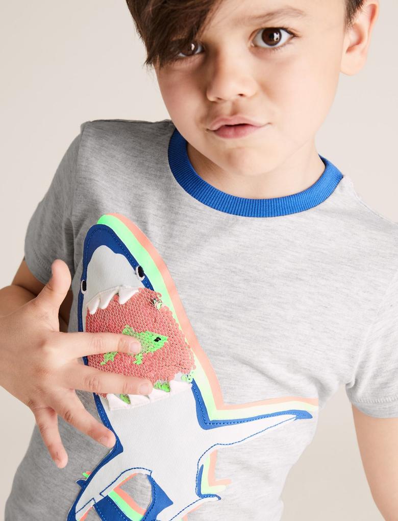 Erkek Çocuk Gri Köpekbalığı Desenli Çift Yönlü Pullu T-Shirt (2-7 Yaş)