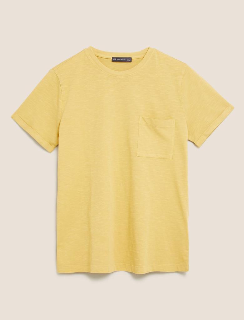 Kadın Sarı Saf Pamuklu Yuvarlak Yaka T-Shirt